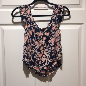 Ruffled Sleeve Navy & Salmon Floral Shirt